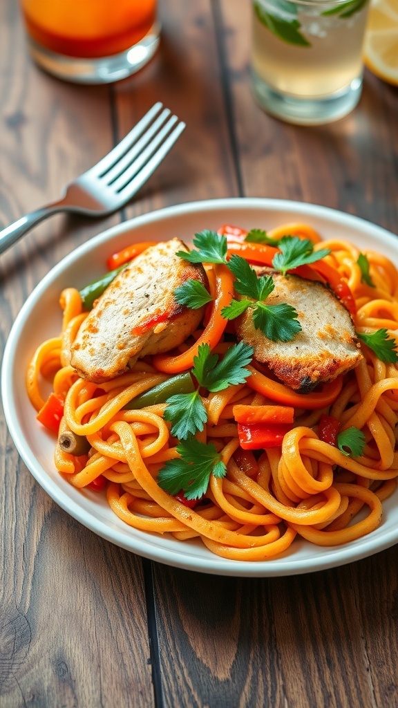 A plate of Nigerian Jollof noodles with tomato sauce, vegetables, and grilled chicken, garnished with parsley.